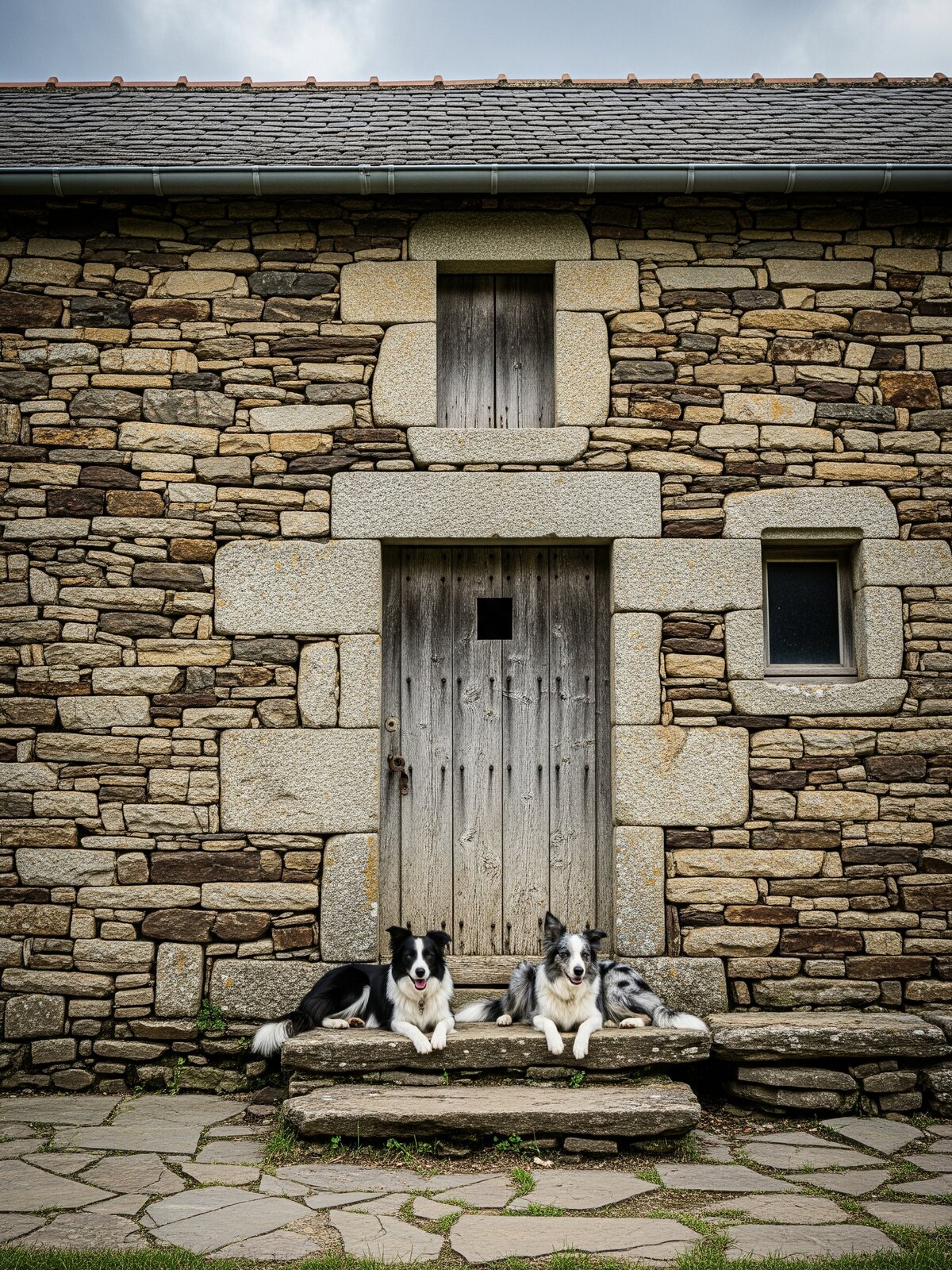 Façade en pierre de la Borie Haute sous un ciel changeant, deux border collies couchés devant la porte